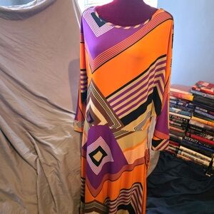 Geometric Patterned Purple and Orange Dress With Pockets